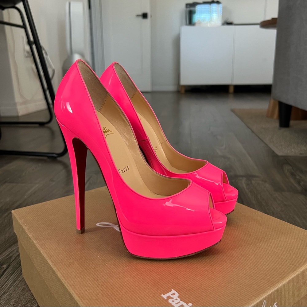 Christian Louboutin Lady Peep Heels in Shocking Pink
